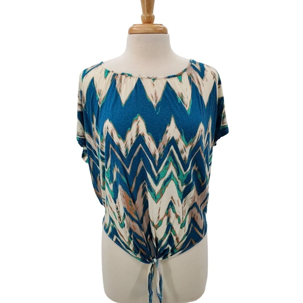 MOD Lusive Womens Multicolor‎ Front Knot Blouse Sz L Short Sleeve Scoop Neck